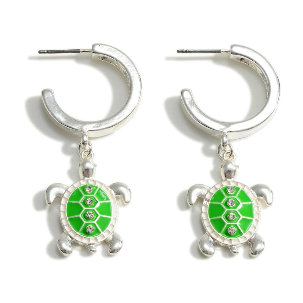 Silver Hoop Earring With Enameled Turtle Charm Green